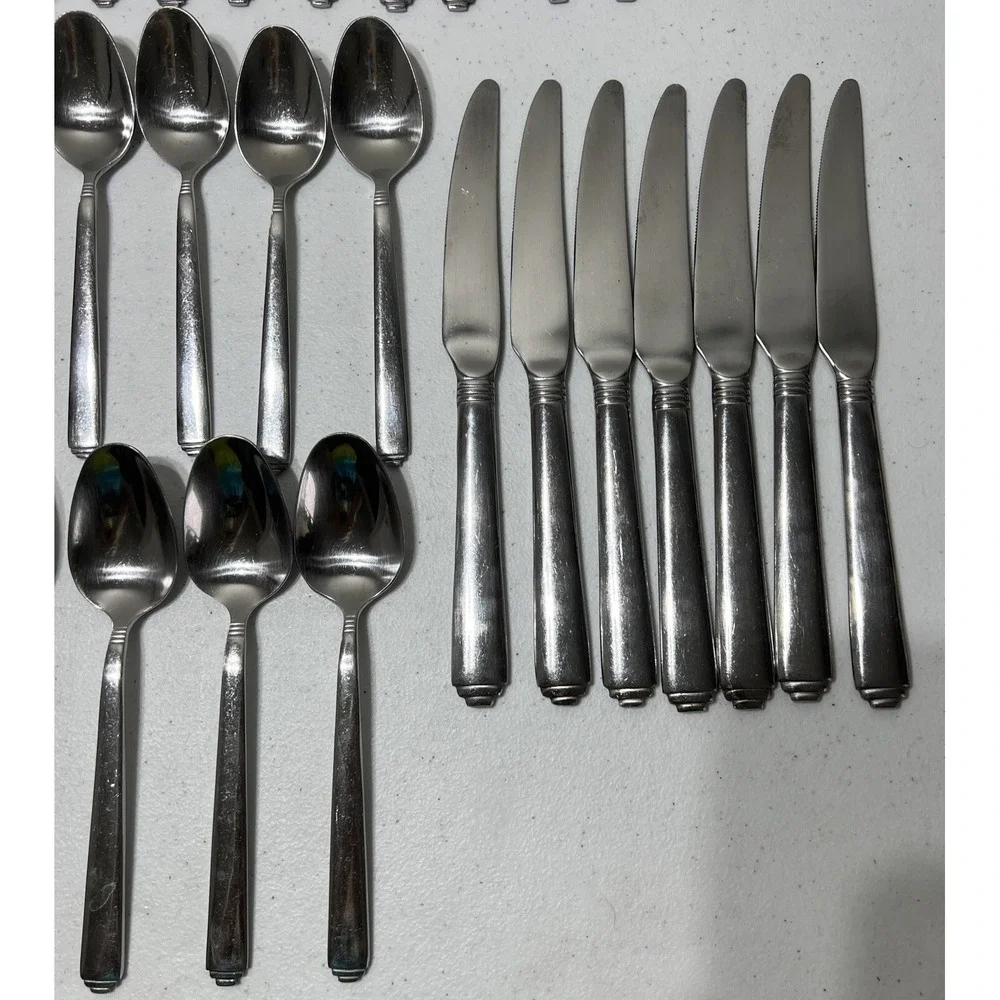 Solid Stainless Steel Ribbed LOT Of 36 Pieces Forks Spoons Knives -Unmarked